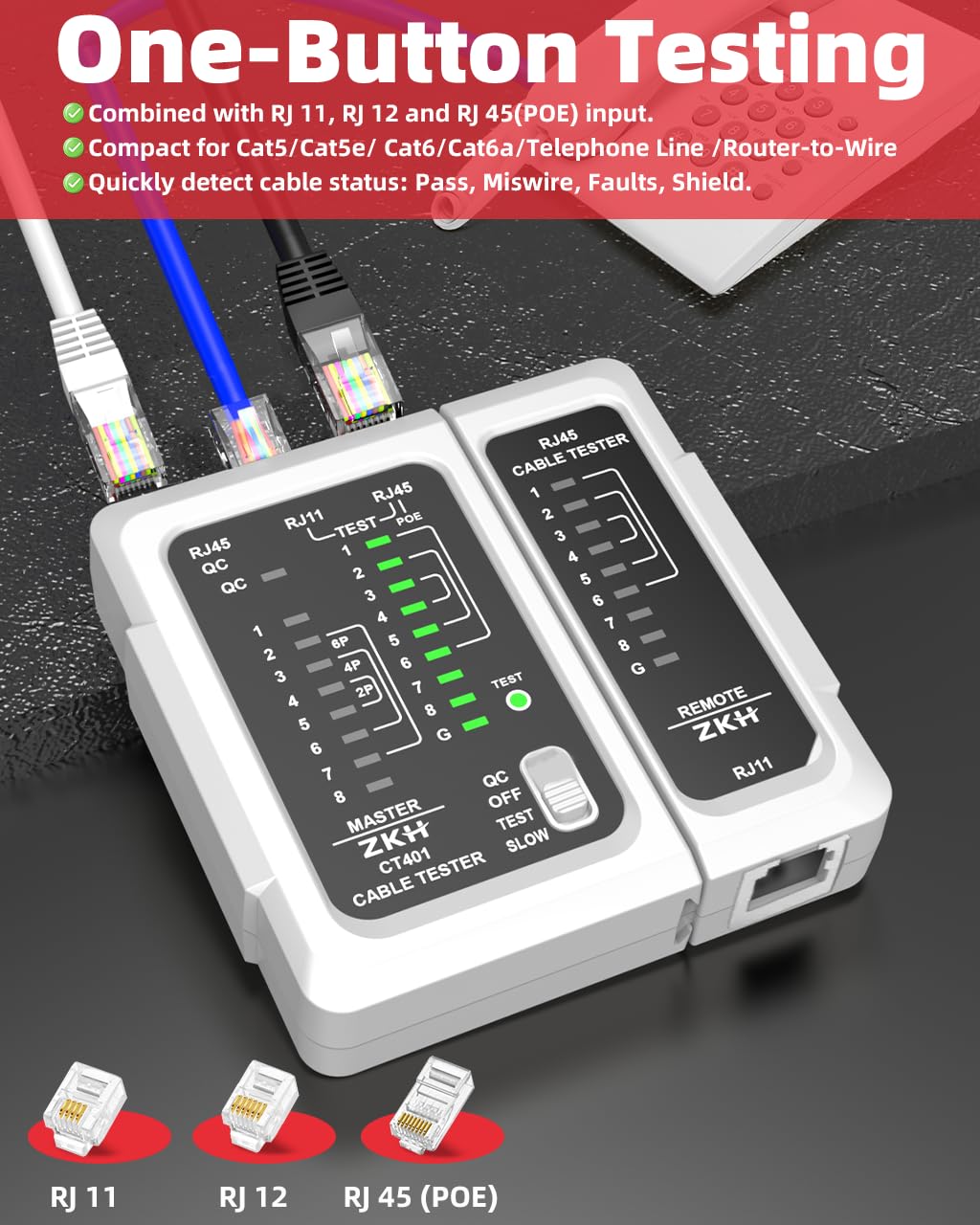 ZKH RJ45 Network Cable Tester, LAN & TEL Continuity Tester, Ethernet Cable Tester for RJ45, RJ11, RJ12, CAT5, CAT6, POE Test UTP/STP Shielded Ethernet Wires Test Tool