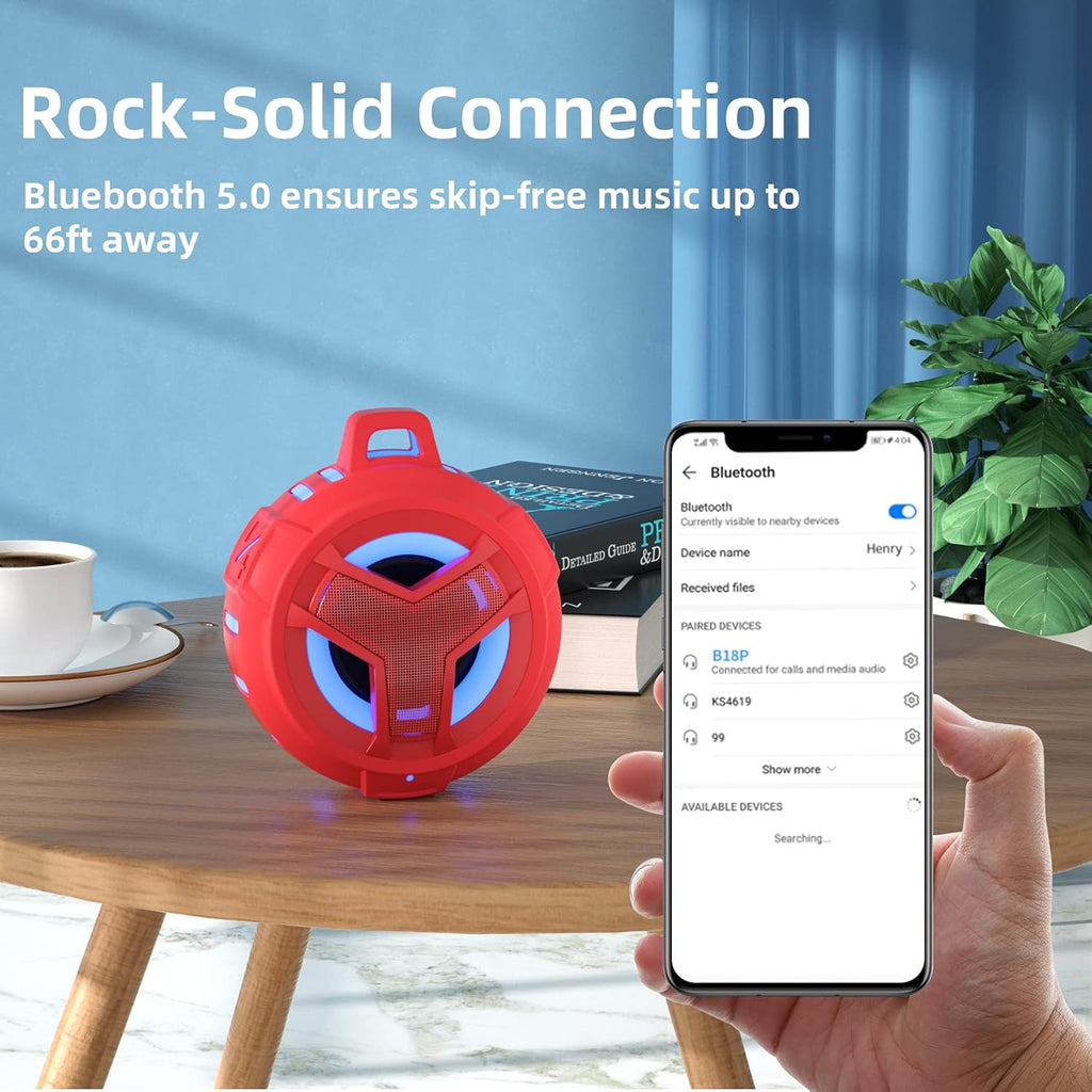 EBODA Bluetooth Shower Speaker, Waterproof Portable Speakers IPX7 Floating, True Wireless Stereo BT 5.0 Speaker with Bass, 2000mAh LED Light for Shower, Pool, Beach, Gifts for Women- Red