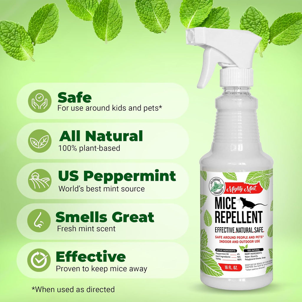 Mighty Mint Peppermint Oil Mouse Repellent Spray – Natural Indoor & Outdoor Control for Mice and Rodents – Plant-Based, Extra-Strong Formula - 16 oz