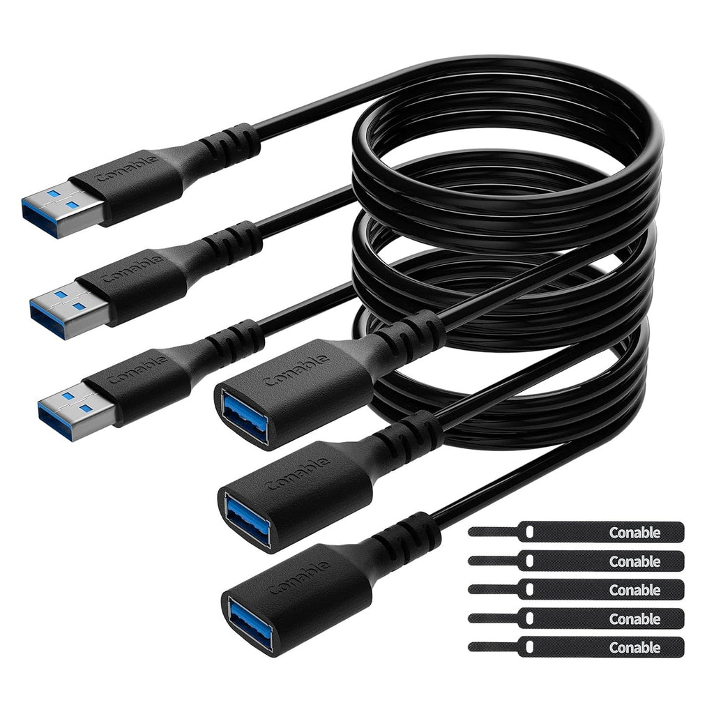 3 Pack USB 3.0 Extension Cable 10 Feet, USB A Male to Female Extender Cord, 5Gbps Data Transfer for Webcam, Printer, Keyboard, Mouse, Flash Drive, Hard Drive, Controller, Black Cable with 5 Cable Ties