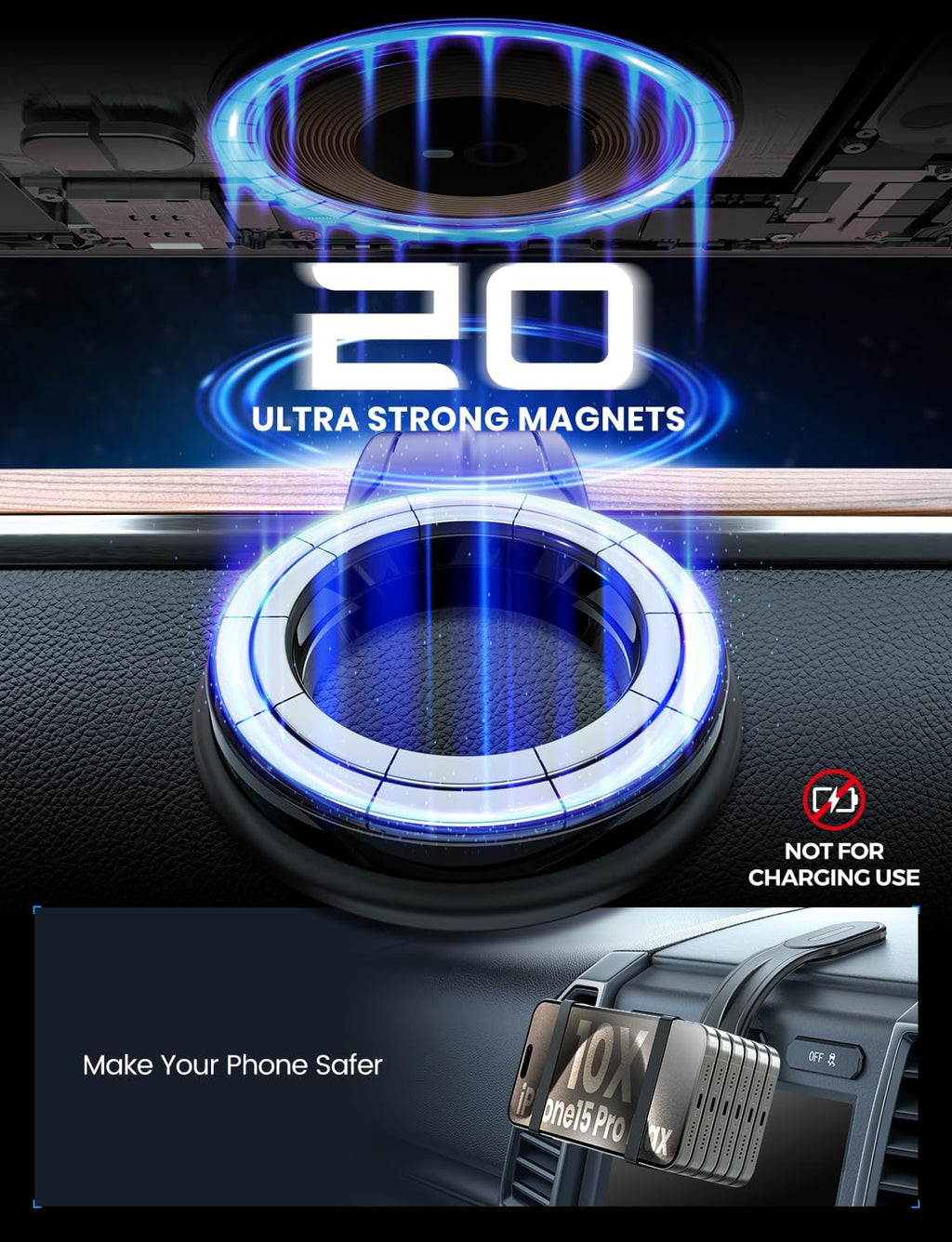 eSamcore for MagSafe Car Mount Detachable, Bendable Aluminum Arm Magnetic Phone Holder for Car【20 Strong Magnets】 Cell Phone Mount for Car Dash Fit iPhone 16 15 14 13 Pro Max Mini Mag Safe Accessories