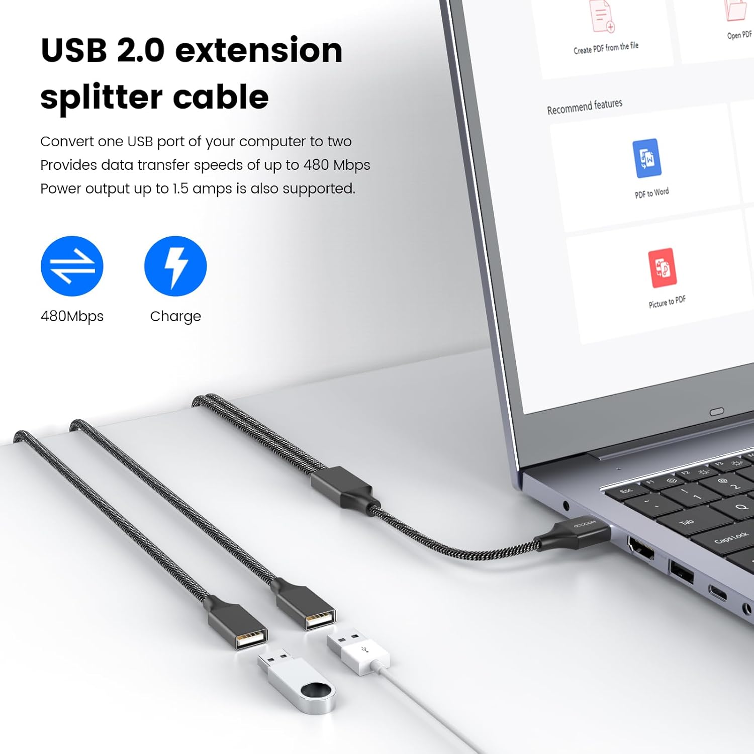 MOGOOD USB Extension Cable, 6.6ft USB A Male to 2 Female, Durable Nylon Braided, Supports Data Transfer & Charging, Compatible with Printer, Laptop, Flash Drive, Hard Drive, PlayStation