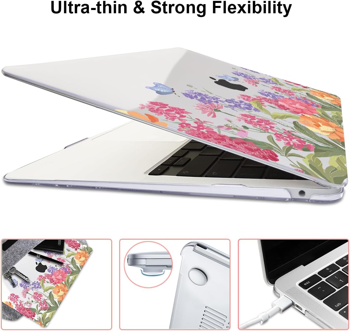 for MacBook Air 13 inch M1 Case 2021 2020 2019 2018 (Model M1 A2337 A2179 A1932) with Touch ID & Retina Display, Printed Pattern Hard Shell Case Keyboard Cover, Pink & Purple Flowers