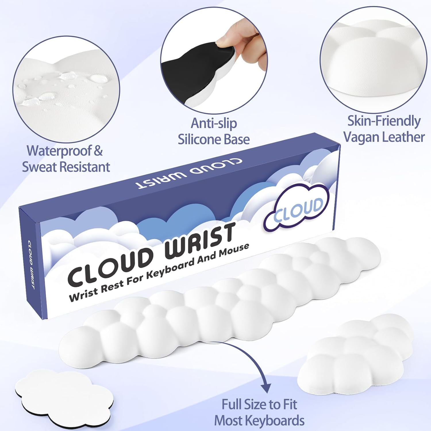 Cloud Wrist Rest for Keyboard and Mouse, Memory Foam PU Leather Keyboard Wrist Rest with Ergonomic Support, Non-Slip Base, Cute Arm Rest Pad & Palm Cushion, Office Desk Accessory, White
