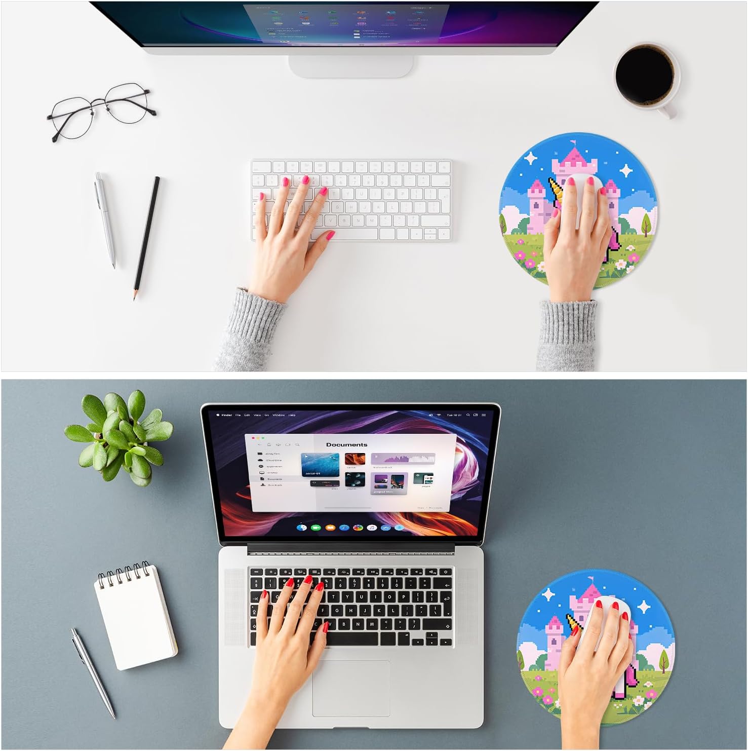 ITNRSIIET Mouse Pad Non-Slip Rubber Base Smooth Surface Stitched Edges Waterproof Durable Compatible with All Mice for Office & Gaming, Desk Accessory, Diameter 8.7 inch, PixelCastle