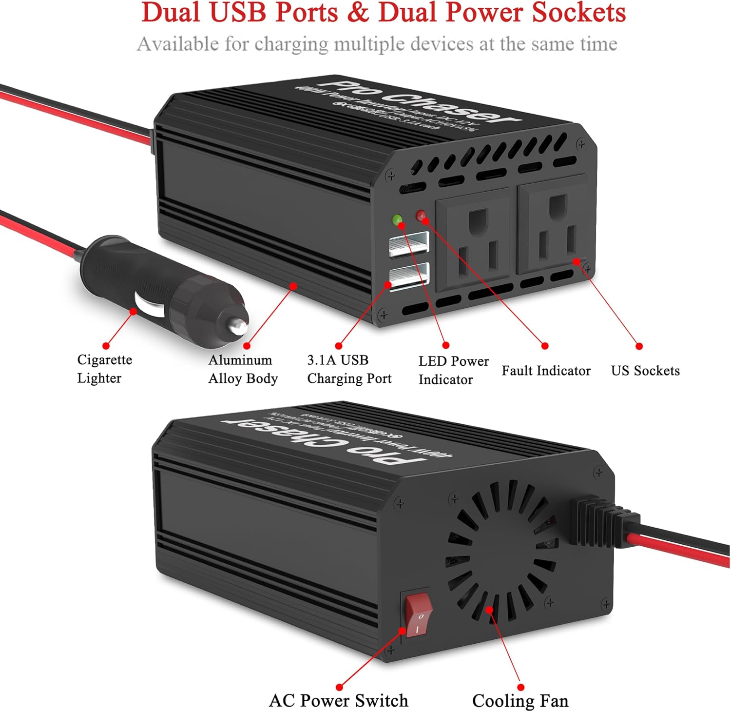 Pro Chaser 400W Car Power Inverter 12V DC to 110V AC Car Truck RV Inverter 6.2A Dual USB Charging Ports for Road Trips (USB C Adaptors Included) (Black)