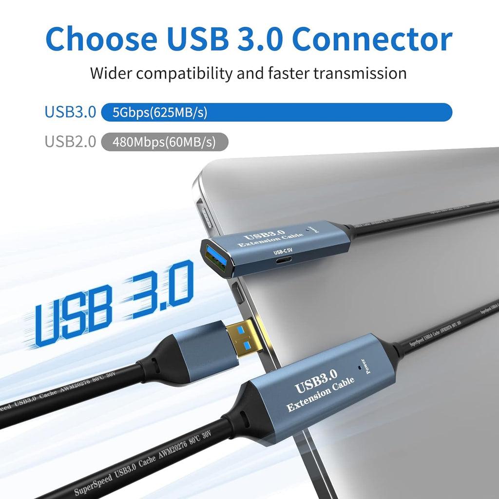 USB 3.0 Extension Cable 33FT Type A Male to Female Active Extender Cord with 2 Extension Chipsets Signal Booster and 1 USB-C Charging Port, for Webcam, USB Hub, PlayStation, Printer, Camera