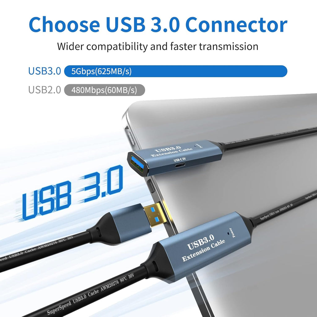 USB 3.0 Extension Cable 16.4FT Type A Male to Female Active Extender Cord with 1 Extension Chipsets Signal Booster and 1 USB-C Charging Port, for Webcam, PlayStation, Printer, Camera