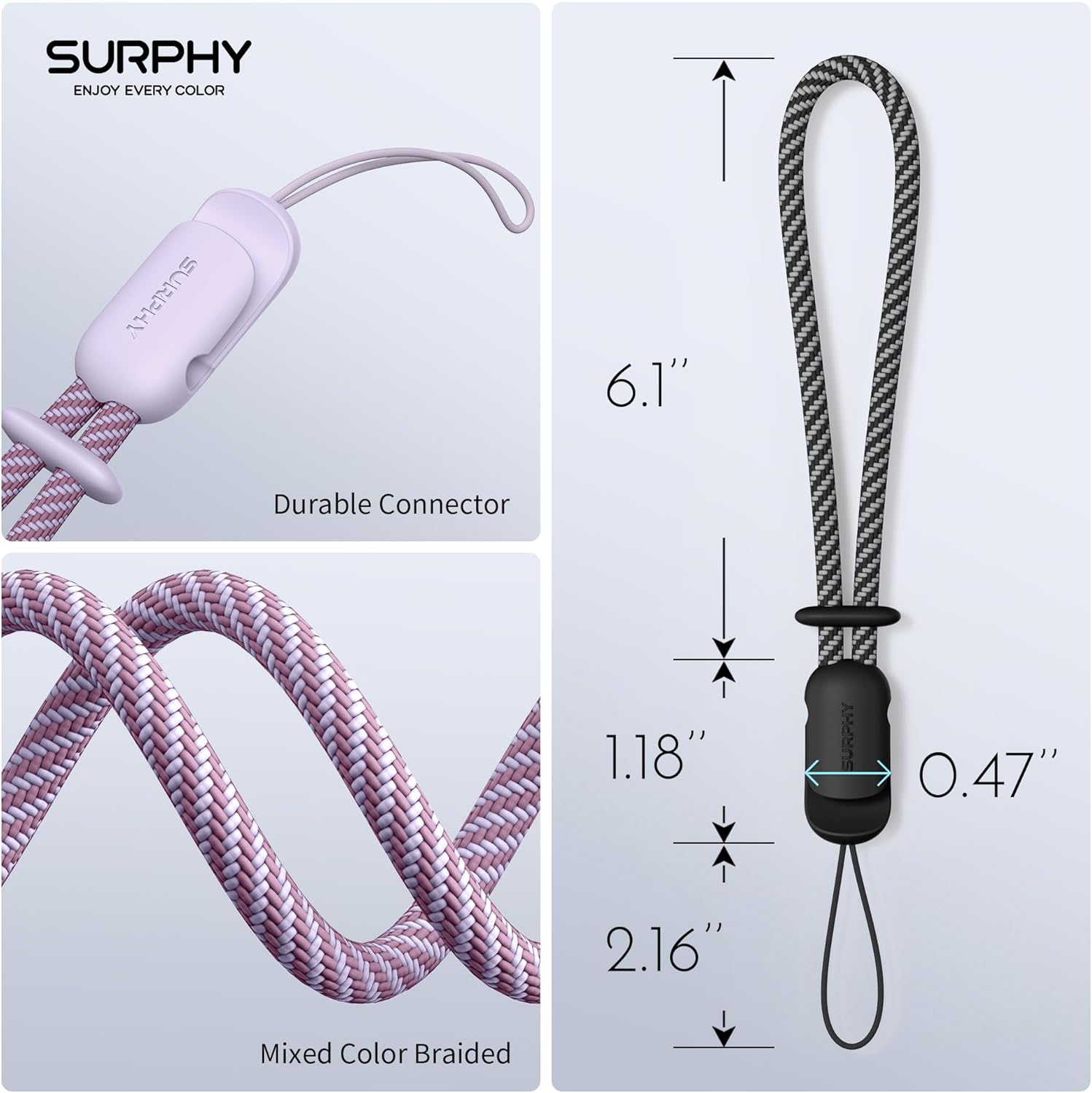 SURPHY 2 Pack Phone Lanyard for Cellphone Case, Phone Wrist Strap for Case, Cellphone Strap with 2-Color Braided, Charm Wrist Lanyard for Women, Cellphone Wrist Lanyard for Women, Black & Lilac