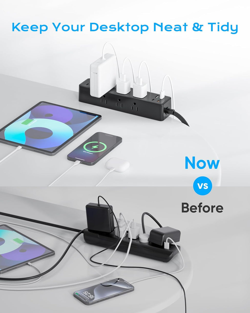 Flat Plug Desk Clamp Power Strip 15FT, 40W Total Fast Charging Station, Dual PD 20W USB C Ports, Desk Edge Mount Power Strip 9 AC Outlets 8 USB Ports(4 USB C) Surge Protector, Fit 1.7" Tabletop Edge
