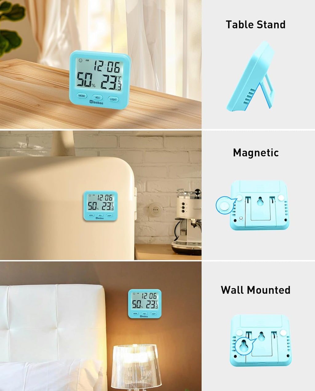Wisebee Digital Indoor Hygrometer Thermometer, 2.9" Backlit Temperature Humidity Sensor Monitor for Baby Rooms, Home, Office, 1 Pack (Blue)
