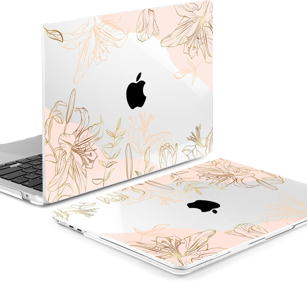 MEEgoodo for M4/M3/M2 MacBook Air 15.3 inch Case 2025 2024 2023, Case Fit Model (A3241/A3114/A2941) for MacBook Air 15 inch, Laptop Hard Shell with Keyboard Cover, Gold Flowers Lilies