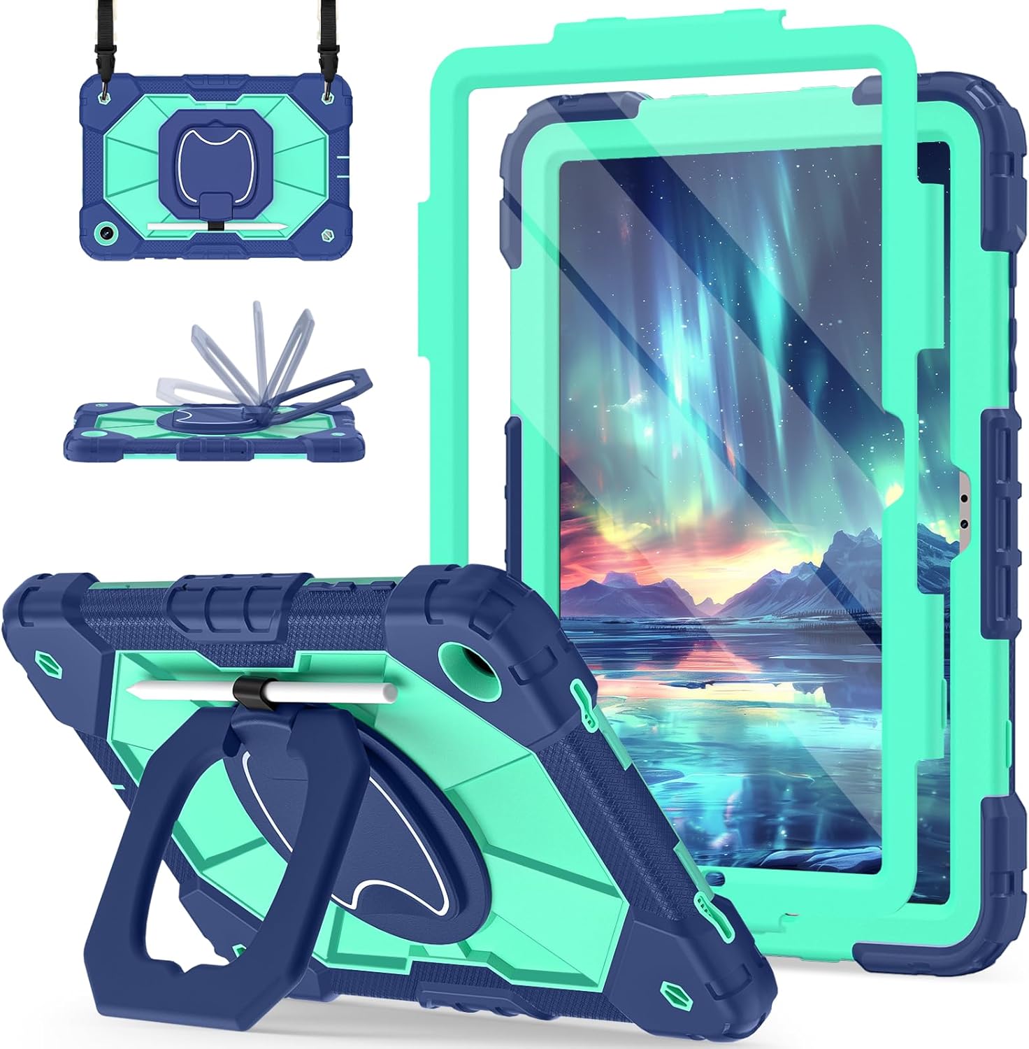 for Galaxy Tab A9 Plus Case 11 Inch, Rugged Case for Samsung Galaxy A9+ Tablet with Screen Protector 360 Rotating Stand Shoulder Strap Pen Holder, 2023 Model(SM-X210/X216/218), Navy Mint