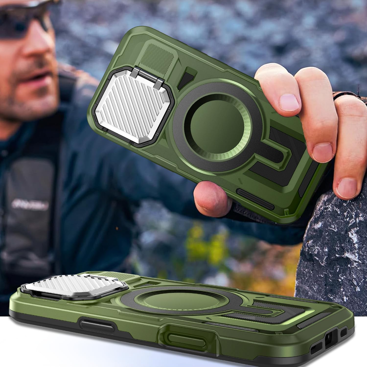 Camera Stand Case for iPhone 16 Plus, [Compatible with Mag Safe] [Lens Cover] 2024 Version Military Grade Protective Soft Case for iPhone 16 Plus 6.7 inch Men Women,Green