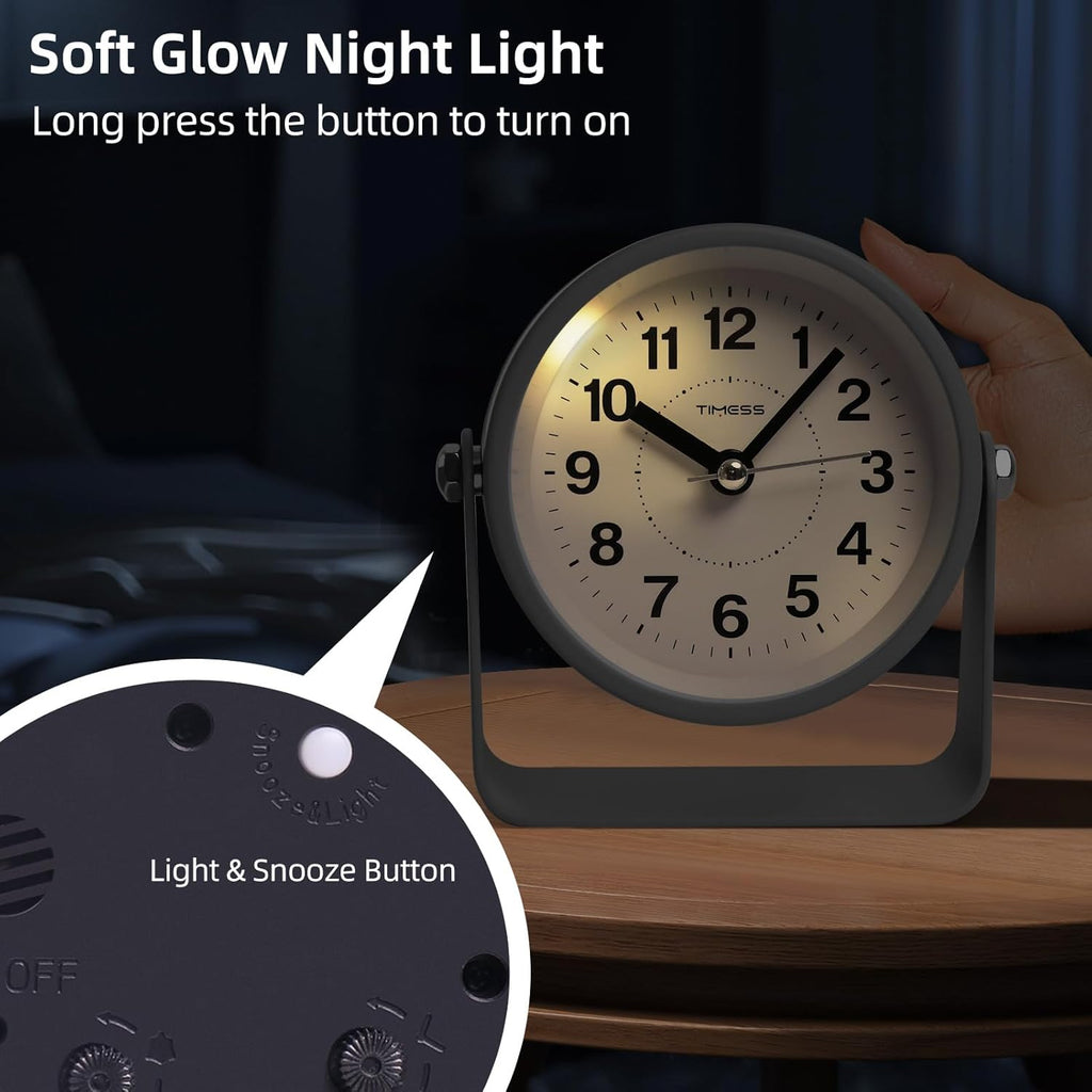 Analog Alarm Clock, Silent Non-Ticking Quartz Movement, Battery-Operated with Snooze & On-Demand Light, Easy to Set Gentle Wake Bedside Desk Clock, Ideal for Home, Travel, Office (Gray)