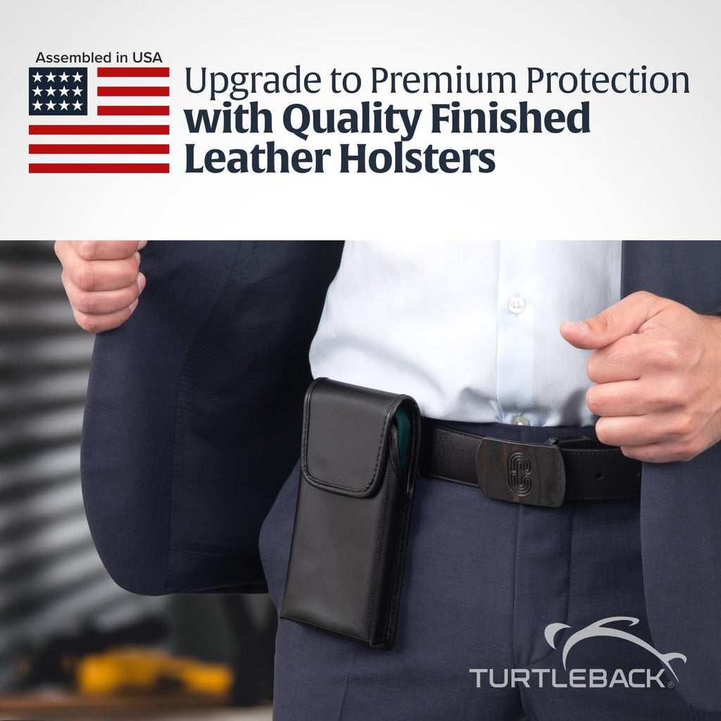 Turtleback Belt Holder for iPhone 16 Pro, 16e, 15 Pro 14 Pro 13 Pro -Small- Fits w/Slim MagSafe Style Cases, Premium Black Leather Vertical Belt Holster Magnetic Closure Leather Wrapped Belt Clip