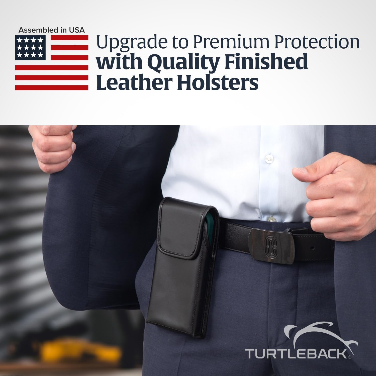 Turtleback Belt Holder for iPhone 16 Pro, 16e, 15 Pro 14 Pro 13 Pro -Small- Fits w/Slim MagSafe Style Cases, Premium Black Leather Vertical Belt Holster Magnetic Closure Leather Wrapped Belt Clip