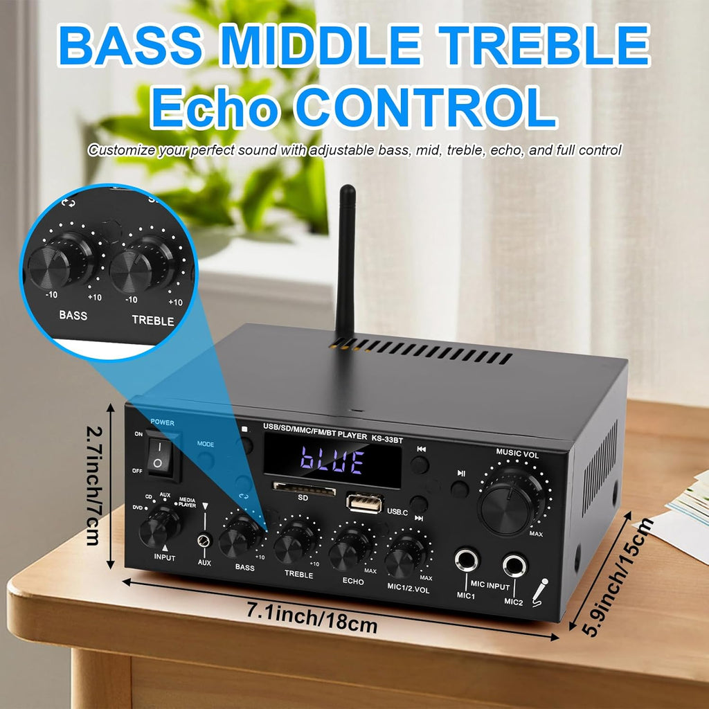 Romica Stereo Audio Amplifier, 2 Channel 500W Bluetooth 5.0 Home Theater Power Amplifier with FM, Echo, AUX, USB, SD, MIC Inputs, HiFi AMP for Passive Speakers and Active subwoofer