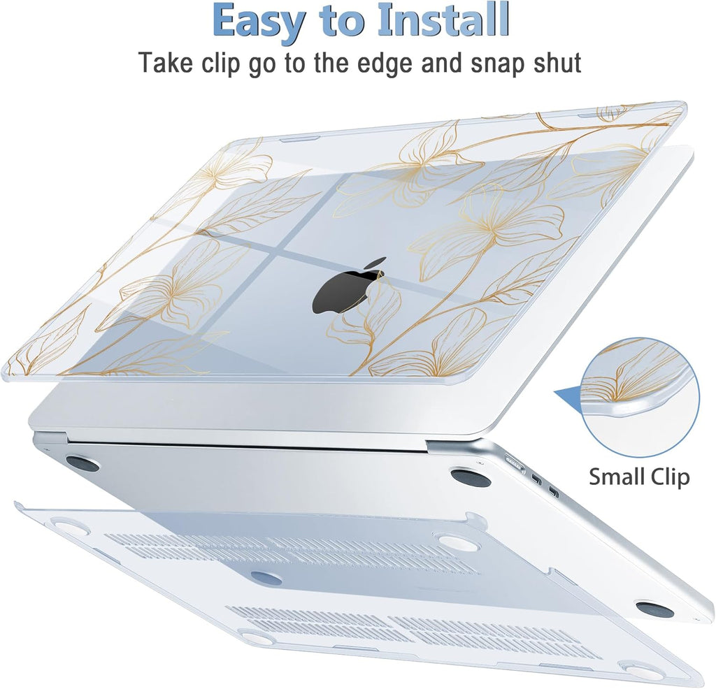 Mektron for 2025 MacBook Air 15 inch M4 Case A3241/ 2024 M3 A3114/ 2023 A2941 M2 Hard Printed Case with 15.3 Liquid Retina Display Touch ID, Plastic Hard Cover & Keyboard Skin- Gold Flower S718-Blue
