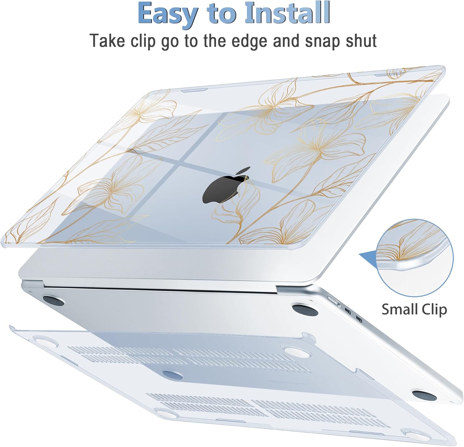 Mektron for 2025 MacBook Air 15 inch M4 Case A3241/ 2024 M3 A3114/ 2023 A2941 M2 Hard Printed Case with 15.3 Liquid Retina Display Touch ID, Plastic Hard Cover & Keyboard Skin- Gold Flower S718-Blue