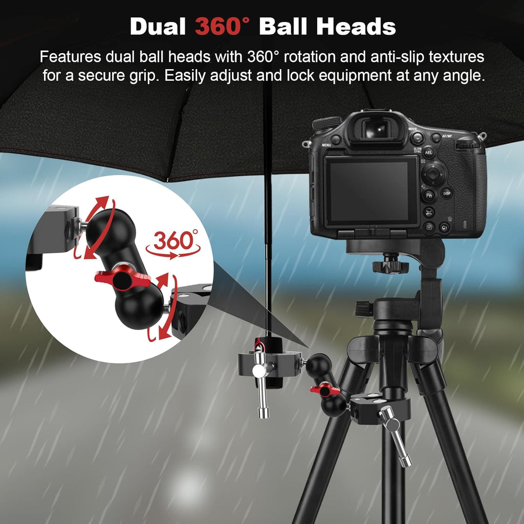 Double Super Clamp Camera Mount with Magic Arm, Aluminum Double Clamp Mount Umbrella Holder for Desk, Studio Light/Boom Stand, Photography Reflector, Cross Bars, Bike/Motor Handlebars (SY004)