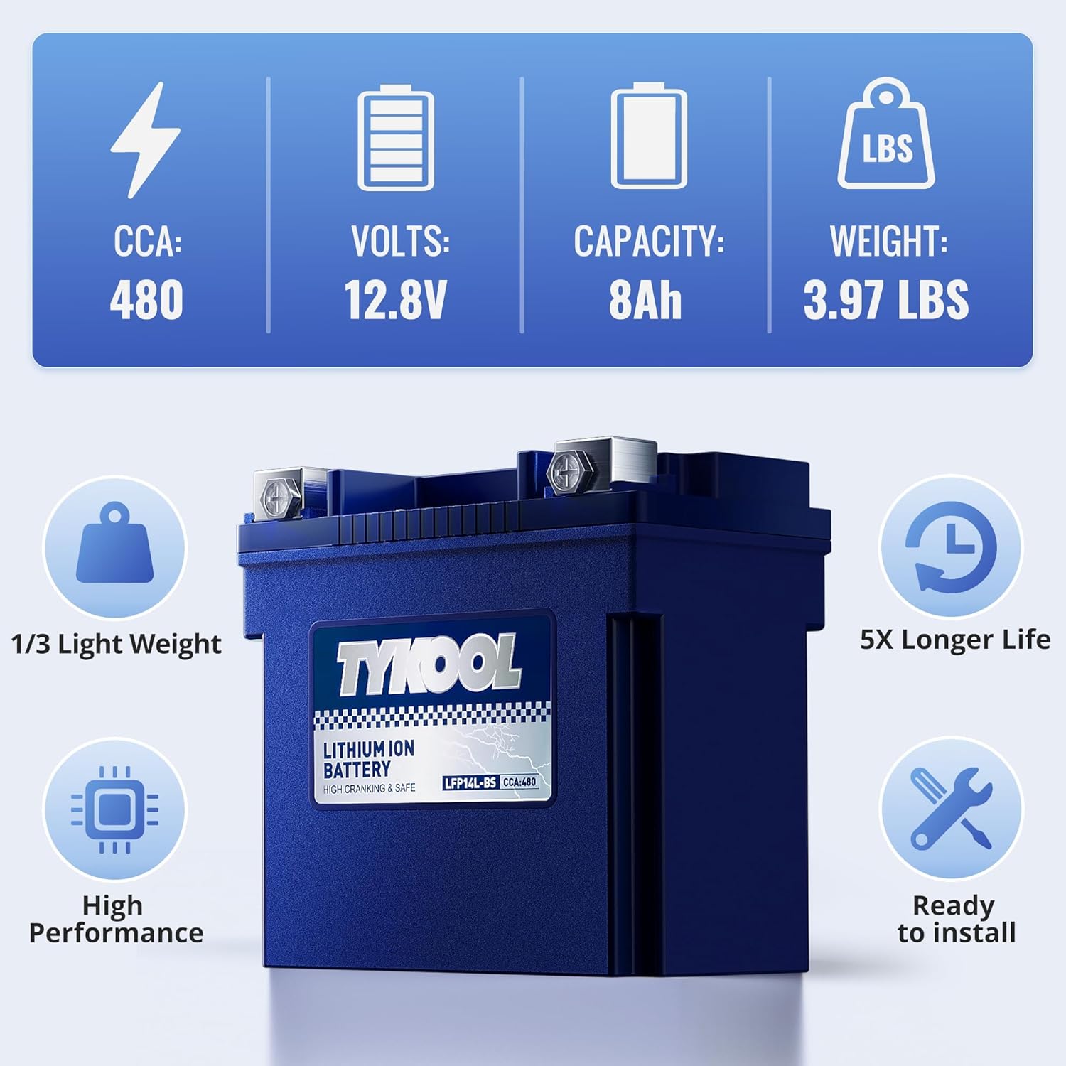 TYKOOL YTX14L-BS 3X Cranking Amps,5X Life, Lithium LiFePO4 Motorcycle Battery,12V 8Ah,480CCA,Digital Readout, Built in BMS,Powersports Battery, Compatible for Harley-Davidson, BRP (Sea-doo) Spark 900