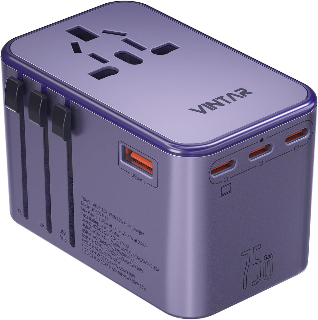 Universal Travel Adapter, VINTAR 75W GaN International Power Adapter with 3 USB-C PD and 2 USB-A QC Chrging Ports, All-in-one Outlet Converter Wall Charger for Europe UK USA AUS(Type C/G/A/I), Purple