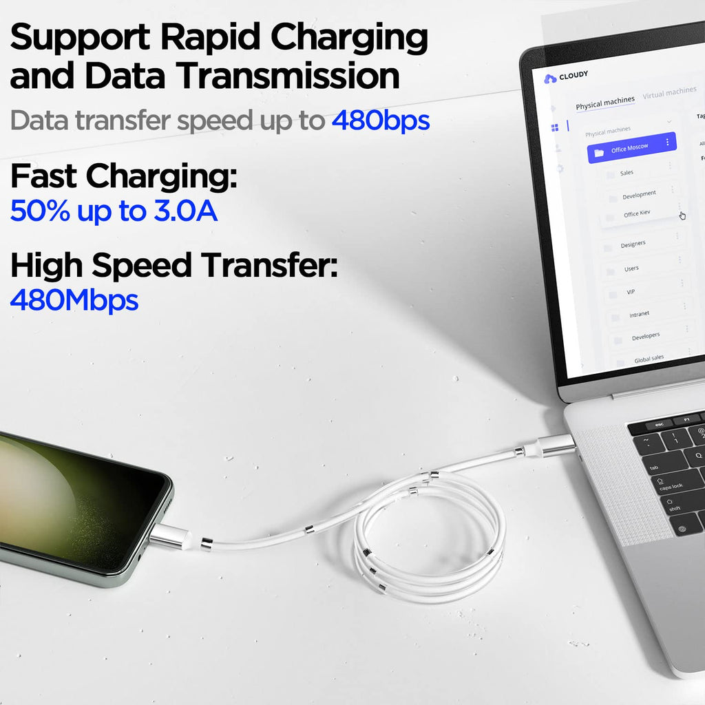 AICase Magnetic Charging Cable, Type C to Type C (6.5 FT) Super Organized Charging Magnetic Absorption Nano Data Cable for Samsung S23/S22/S21/S20 Ultra, MacBook Pro/Air, iPad Pro 12.9 11 Air Mini