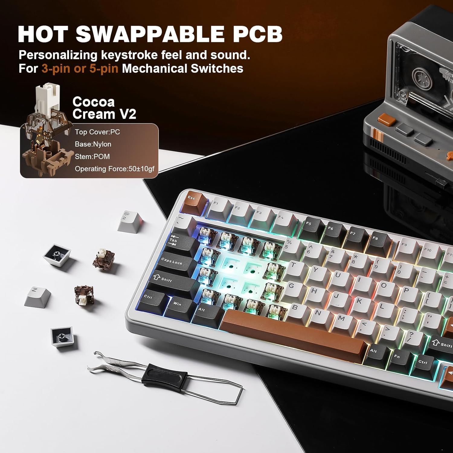YUNZII B75 PRO Wireless Mechanical Keyboard,75% Layout with Knob,Hot Swap Gasket Custom Structure,Creamy Pre-lubed Switches,RGB Backlit,Bluetooth/Type-C/2.4G for Win/Mac(Cocoa Cream V2 Switch,Grey)