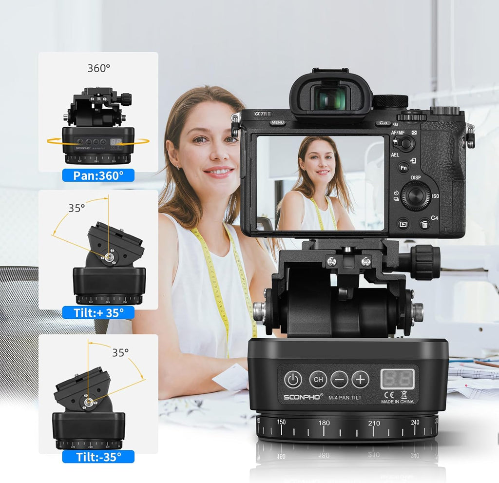 Soonpho M4 Motorized Rotating Panoramic Tripod Head, Remote Control 360° Pan Tilt Head with Mobile Phone Clip for DSLR Cameras, Camcorders, Smartphones, Tripod