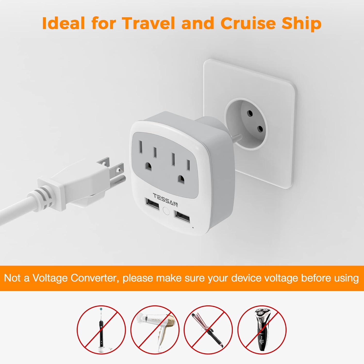 TESSAN Israel Power Adapter, Type H Travel Plug Adaptor with 2 USB Ports 2 American Outlets for US to Israel Jerusalem
