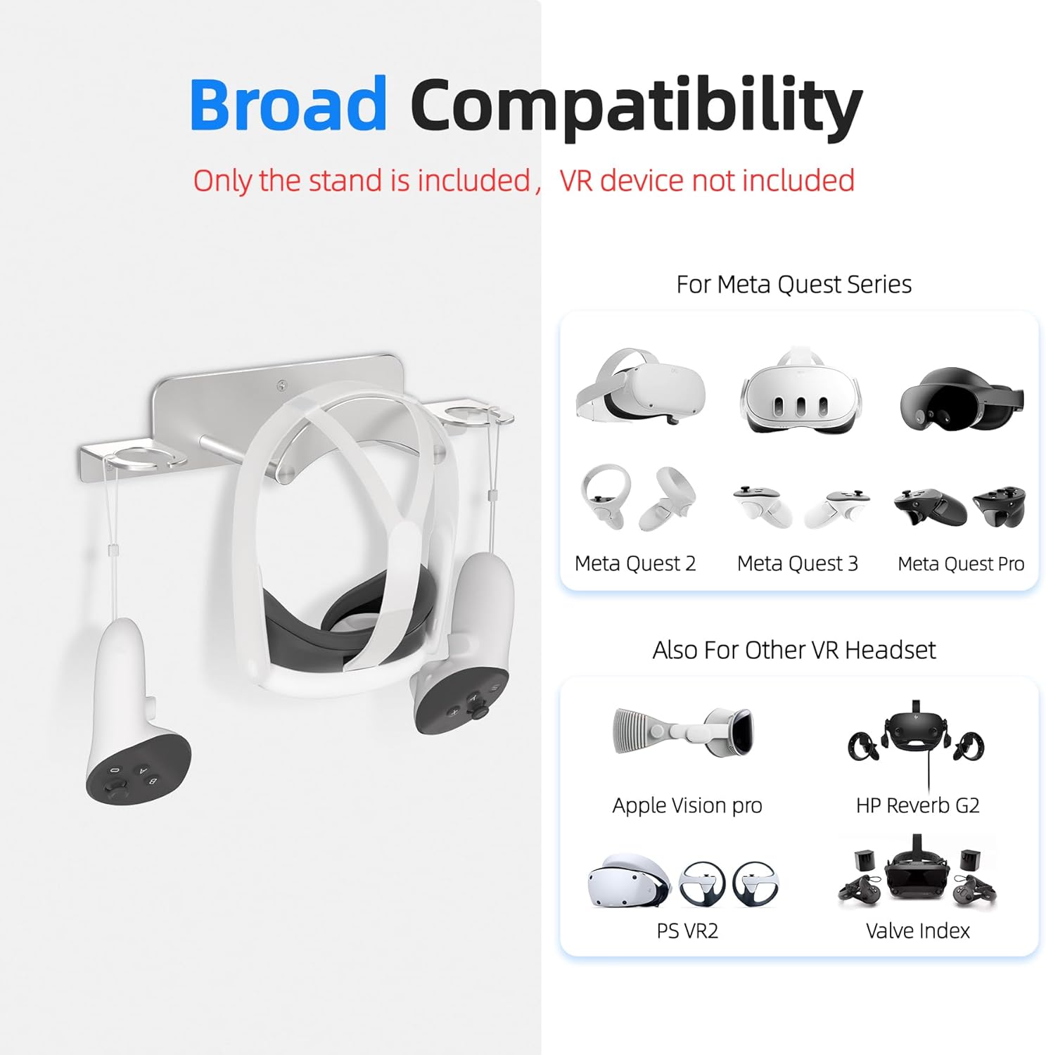 VR Wall Mount Aluminum Alloy,VR Headset Wall Mount Storage Stand Hook Compatible with Meta Quest 3/Quest Pro/Quest 2,Quest 3 Stand with 2 Storage Way,Desk Space Saving(Silver)