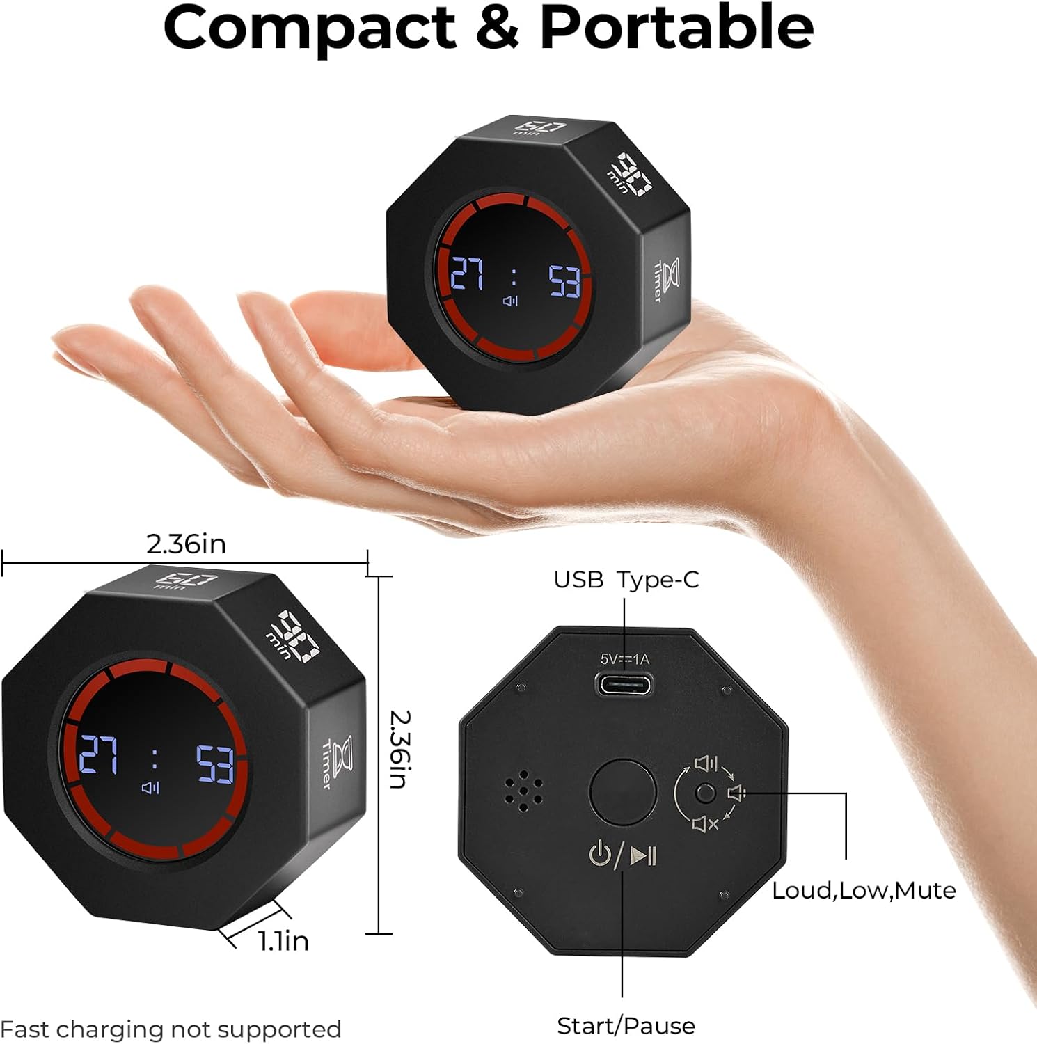 Rechargeable Pomodoro Timer, 8-Angle Auto-Rotating Screen with Gravity Sensor, Digital Timers for Classroom, Small Kitchen Timers for Cooking, Work and Study (Space Gray)