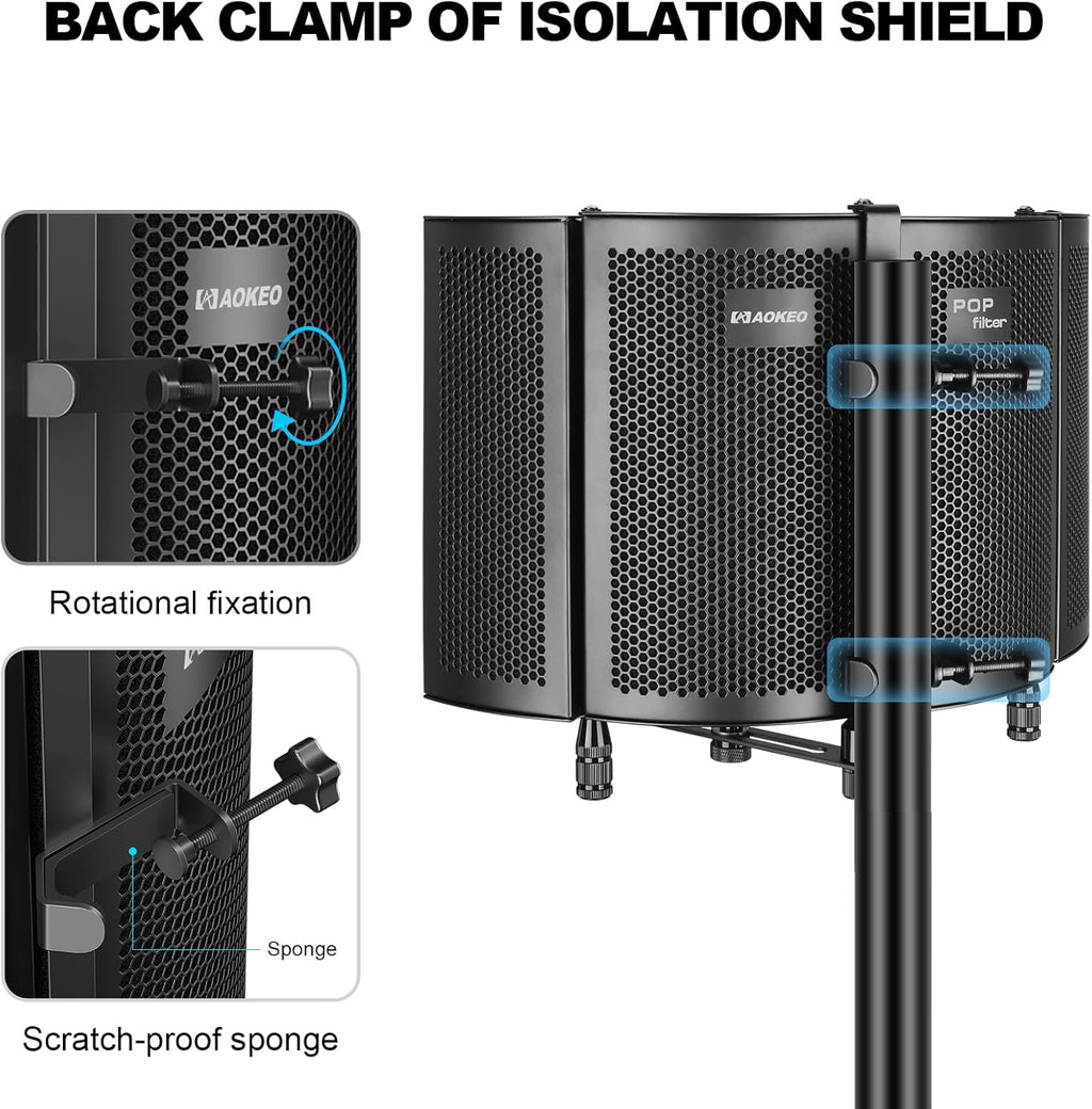 Professional Studio Recording Microphone Isolation Shield, Pop Filter,High density absorbent foam is used to filter vocal. Suitable for Blue Yeti and other condenser microphones (AO-504 With Stand)