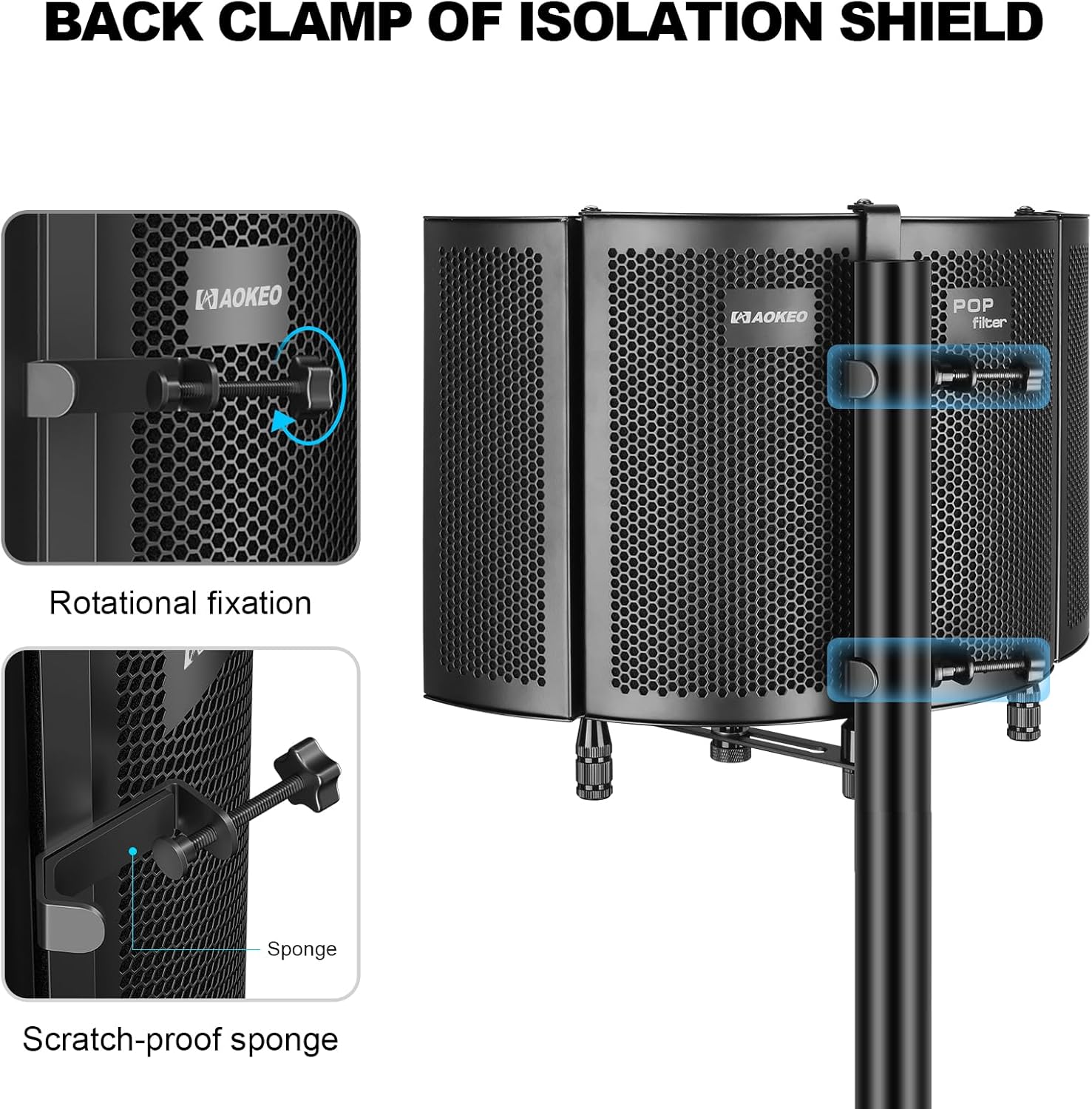 Professional Studio Recording Microphone Isolation Shield, Pop Filter,High density absorbent foam is used to filter vocal. Suitable for Blue Yeti and other condenser microphones (AO-504 With Stand)