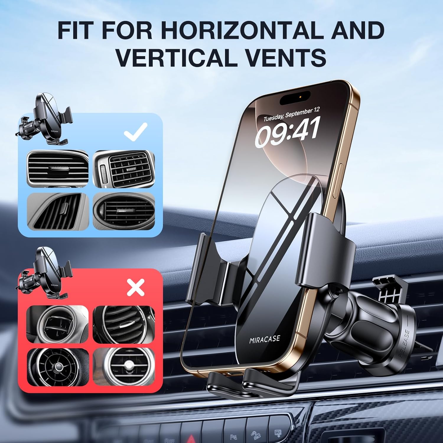 Miracase Upgraded-2nd Generation Universal Phone Holders for Your Car, Hands Free Air Vent Car Phone Holder Mount Compatible with iPhone 16/15/14/13/12/11 Series and All Phones