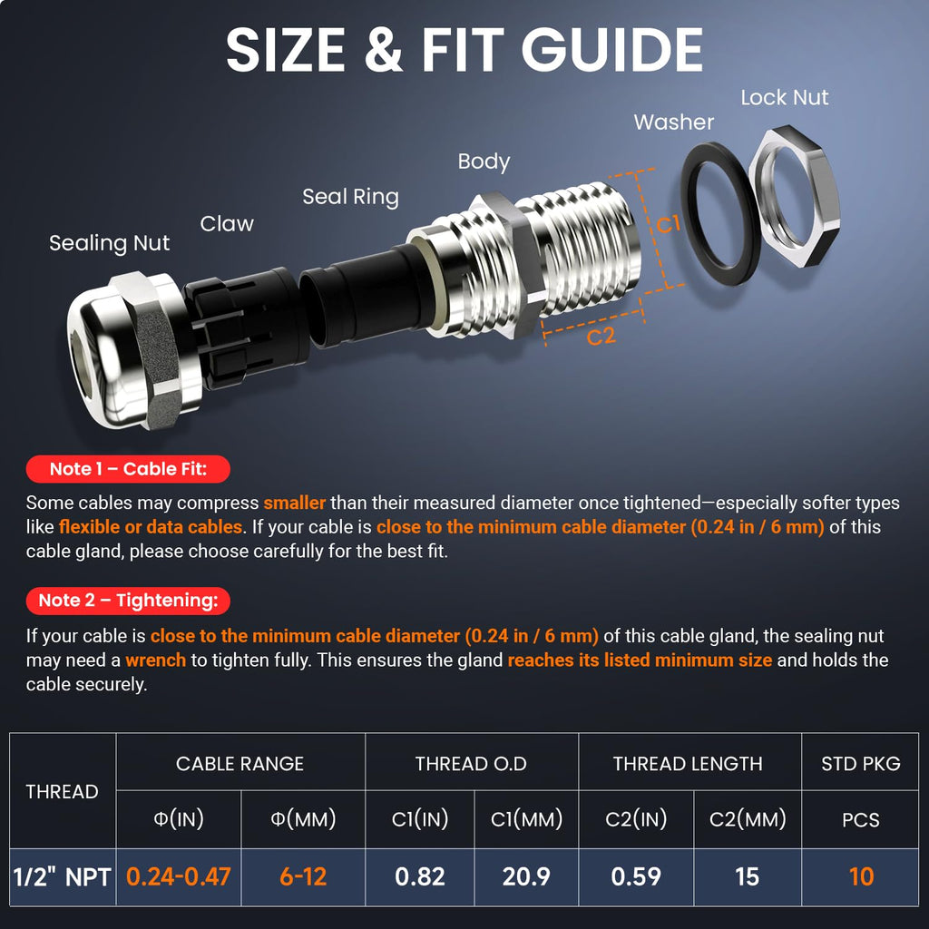 QILIPSU 4pcs 1/2" NPT 304 Stainless Steel Cable Gland Long Thread Waterproof IP68 Metal Strain Relief Cord Grip Cable Pass Through Wire Connector