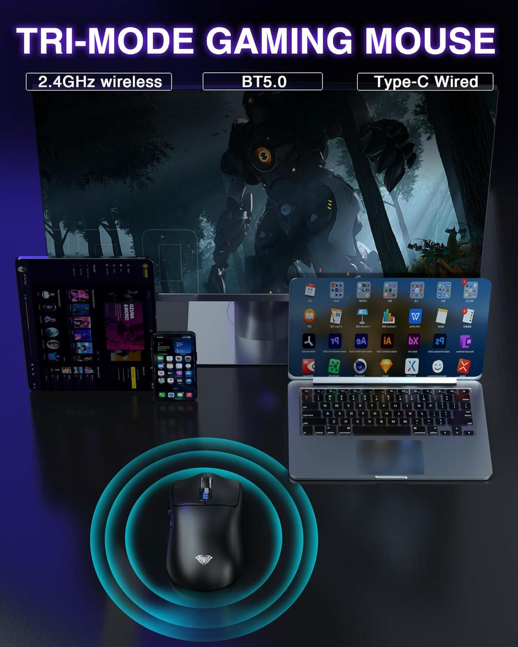 AULA SC580 Wireless Gaming Mouse, Tri-Mode 2.4G/BT5.0/USB-C Gaming Mouse, 12000 DPI Rechargeable Wireless Mouse with 6 Programmable Buttons, Ergonomic Computer Mouse for Laptop/PC/Mac/Tablet