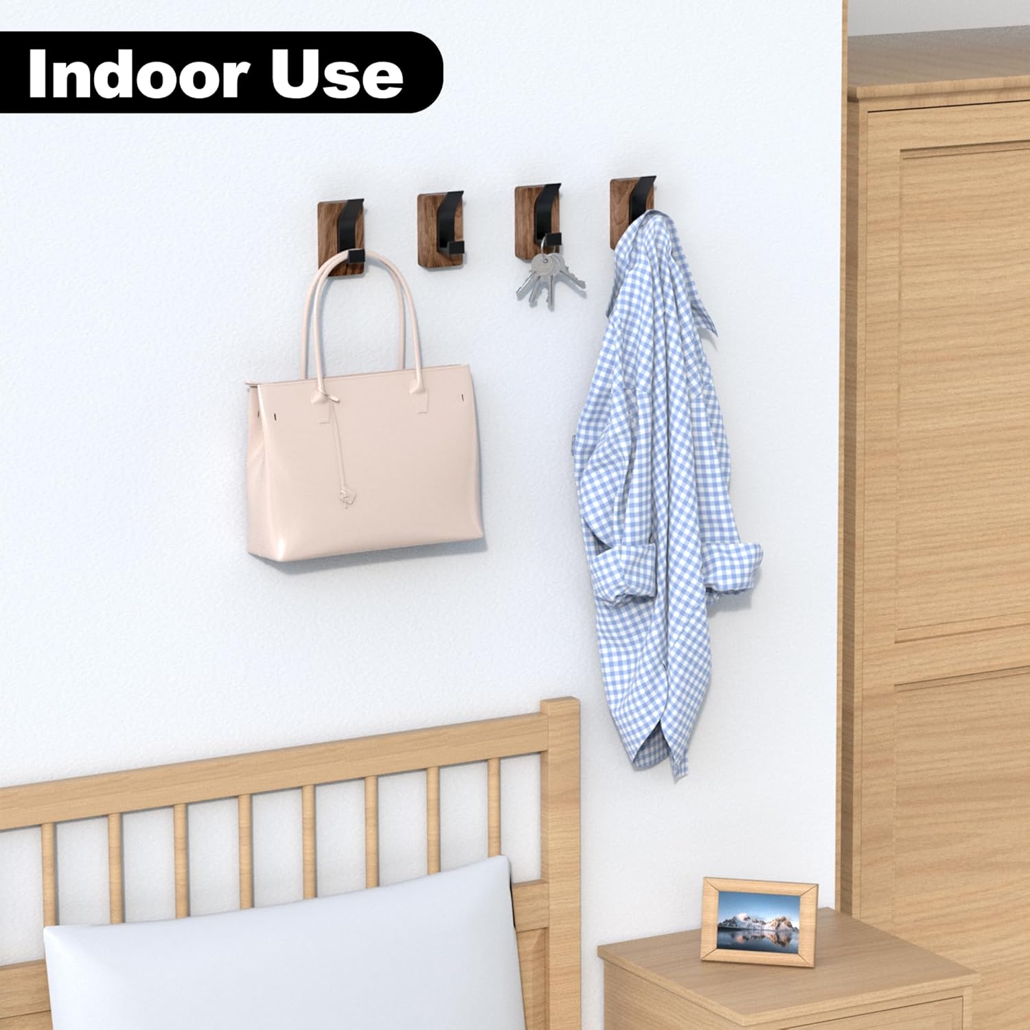 4 PCS Black Walnut Wood Wall Hooks Adhesive Mounted & Wall Mounted Rustic Decorative Entryway Hooks Mid Century Modern Natural Wooden Pegs for Hanging Coat Clothes Hat Bag Purse and Towel