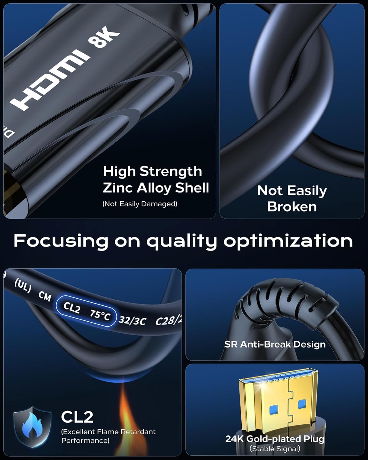 Long 8K Fiber Optic HDMI Cable 150FT - High-Speed HDMI Cord 48Gbps,8K 60Hz，4K 120Hz，HDCP 2.2&2.3，HDR10 - Compatible with HDTV/Monitor/Projector