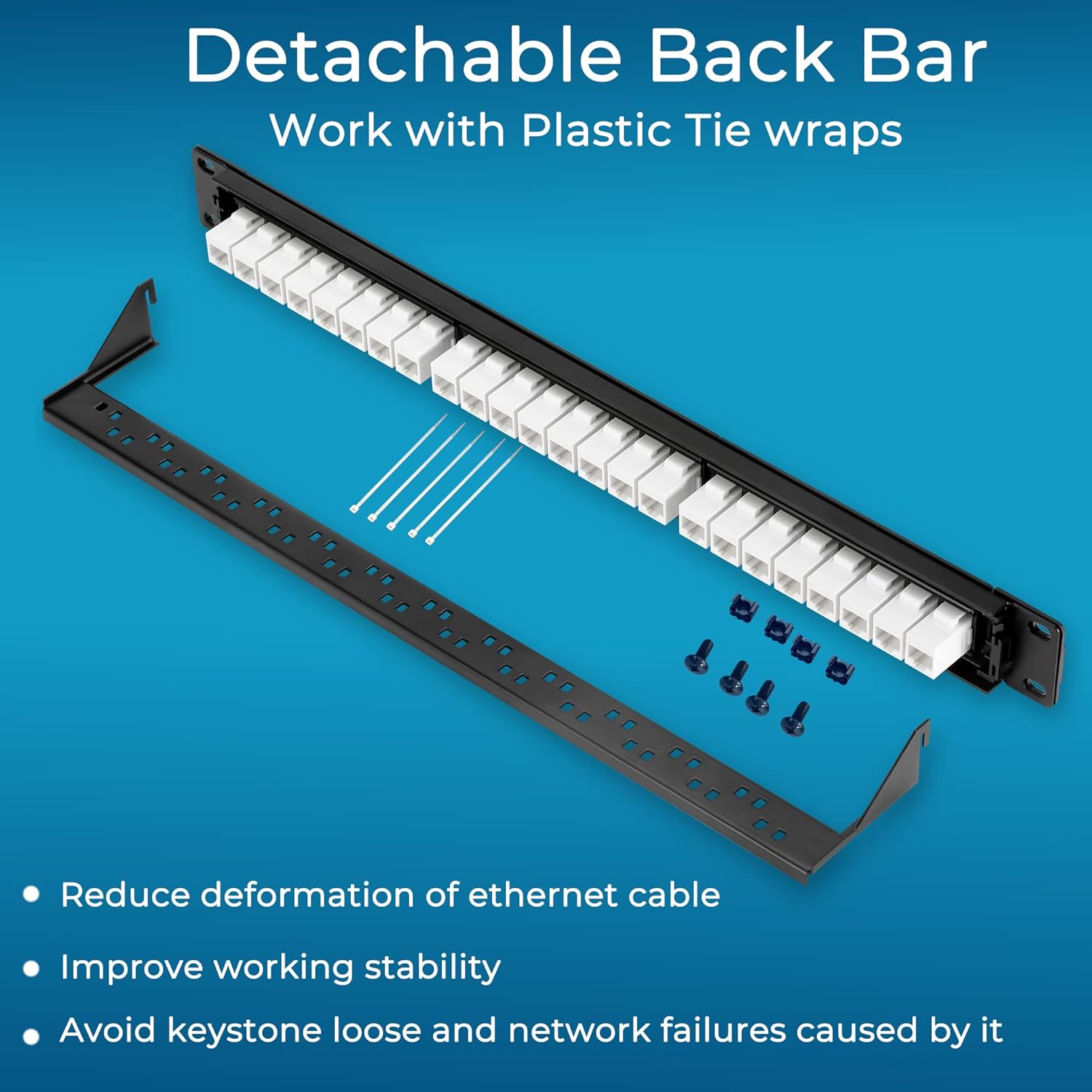 Rapink Patch Panel 24 Port Cat6 with White Inline Keystone 10G Support, Pass-Thru Coupler Patch Panel UTP 19-Inch with Removable Back Bar, 1U Network Panel for Cat6, Cat5e, Cat5 Cabling