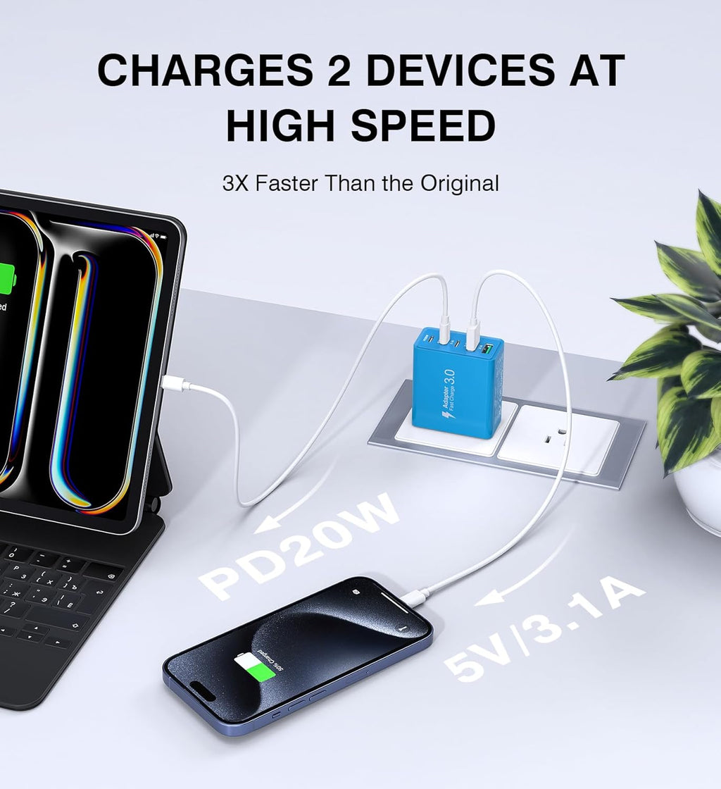 [50W/2Pack] Wall Charger, USB C Charger Block, 5-Port PD + QC 3.0 Fast Charging Power Plug Adapter Brick for Watch Series 10 9 8 7, for iPhone 16 15 14 13 Pro Max Airpod, Samsung Galaxy S24(Blue)
