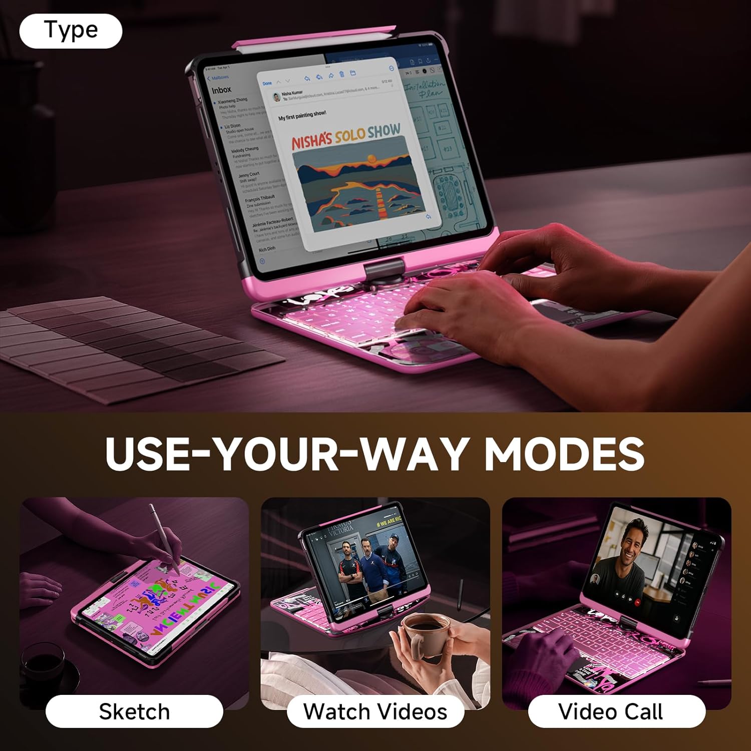 Transparent Case with Keyboard iPad Air (M3/M2,2025/2024) 11 Inch,Compatible 10.9" iPad Air 5th/4th & 11" iPad Pro 4/3/2/1,7-Color Backlit,Wireless Keyboard, 360°Rotating,with trackpad,Pink