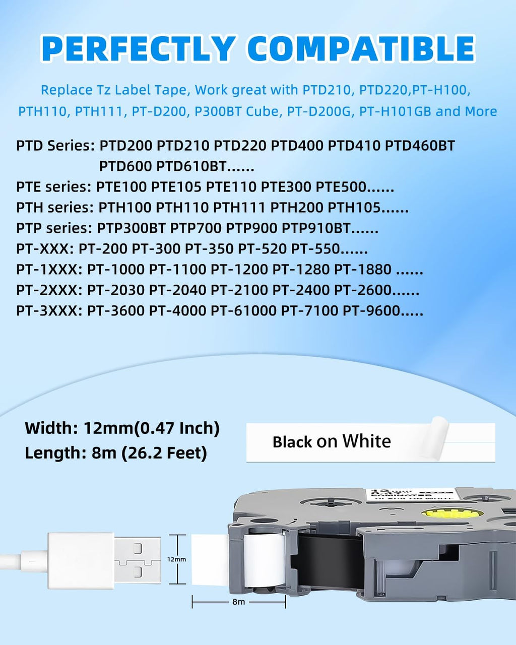 30-Pack Label Maker Tape TZe231 12mm 0.47 Inch Laminated White Tz Tape Replacement for Brother P Touch Label Maker Tape Compatible for Label Maker PT D210 D220 D200 H100 D400 1280, Black on White