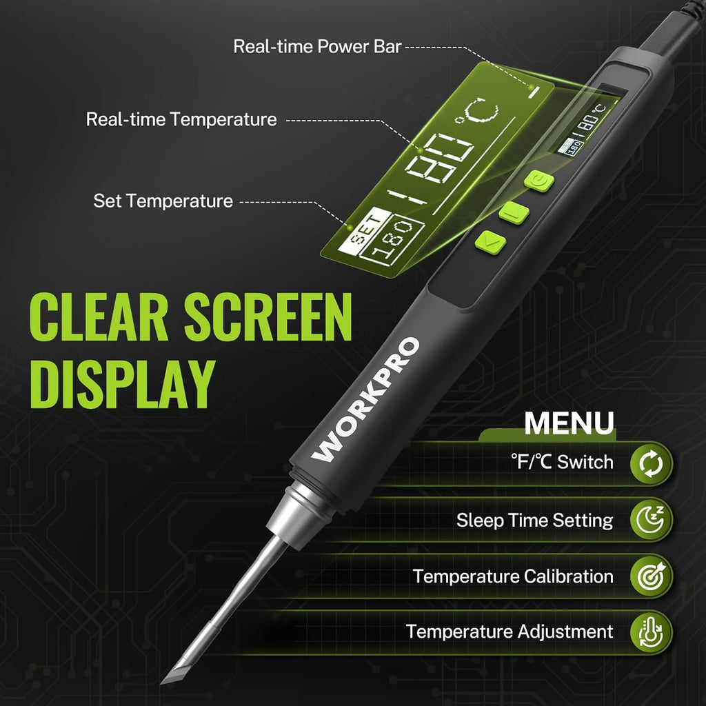 WORKPRO DC Soldering Iron Kit, Fast Heating Soldering Iron Pen with 3 Tips, Portable Lightweight Solder Iron for Electronics, Metal, DIY, Accurate Temp Control, OLED Screen Display, PD/QC Protocols