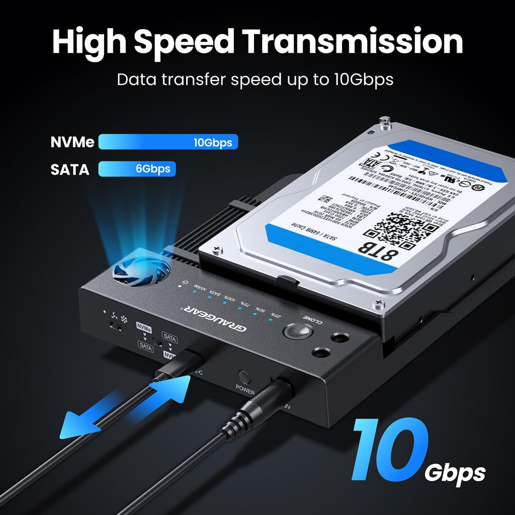 GRAUGEAR SATA SSD/HDD to M.2 NVMe Docking Station, USB-C 10Gbps Clone Station for M.2 NVMe SSD to SATA 2.5”/3.5” SSD & HDD Converter, Offline Cloning, Tool-Free, Built-in Cooling Fan
