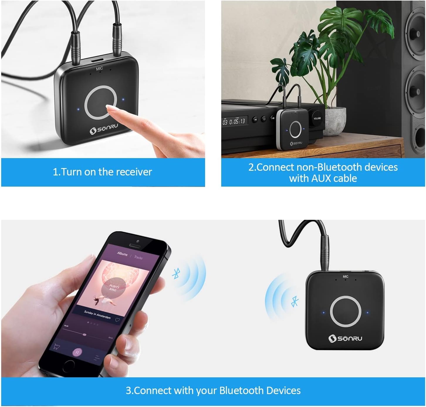 Bluetooth 5.3 Adapter Hi-Fi Equipment for Car Wireless Audio Receiver with 3.5mm AUX RCA Cable, Noise Cancellation, Dual AUX Outputs for Home Speakers Wired Headphones