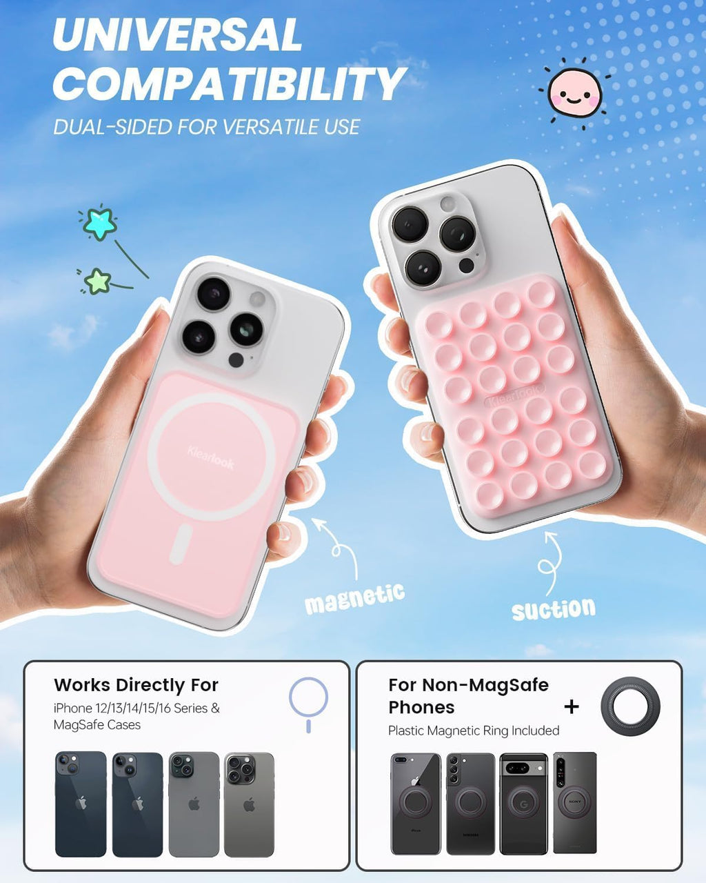 Klearlook 4PCS Magnetic Suction Phone Mount for MagSafe Case, Sticky Phone Grip for iPhone, Removable Hands-Free Selfie/Video for TikTok Influencers, (Clear & Light Pink & Light Blue & Lavender)