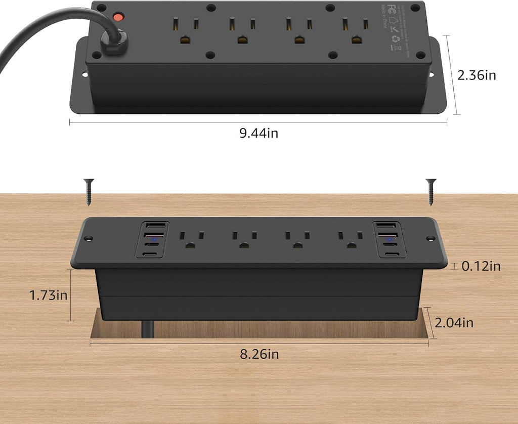 HHSOET 8 Outlet Recessed Power Strip, 30W Fast Charging Furniture Power Outlet USB C, Flush Mount Surge Protection Socket with 4 USB-A and 4 USB-C, 10ft Power Cord. (Black)
