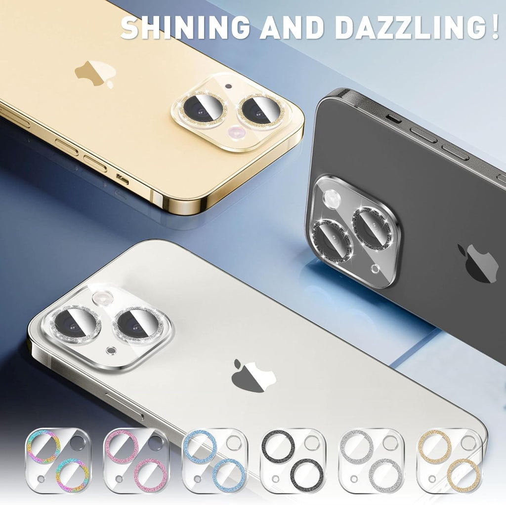 LucBuy 3PCS Sparkling Camera Lens Protector for iPhone 15/iPhone 15 Plus, Full Clear Acrylic Cover with Shiny Colorful Glitter Designed Decoration Back Camera Protector